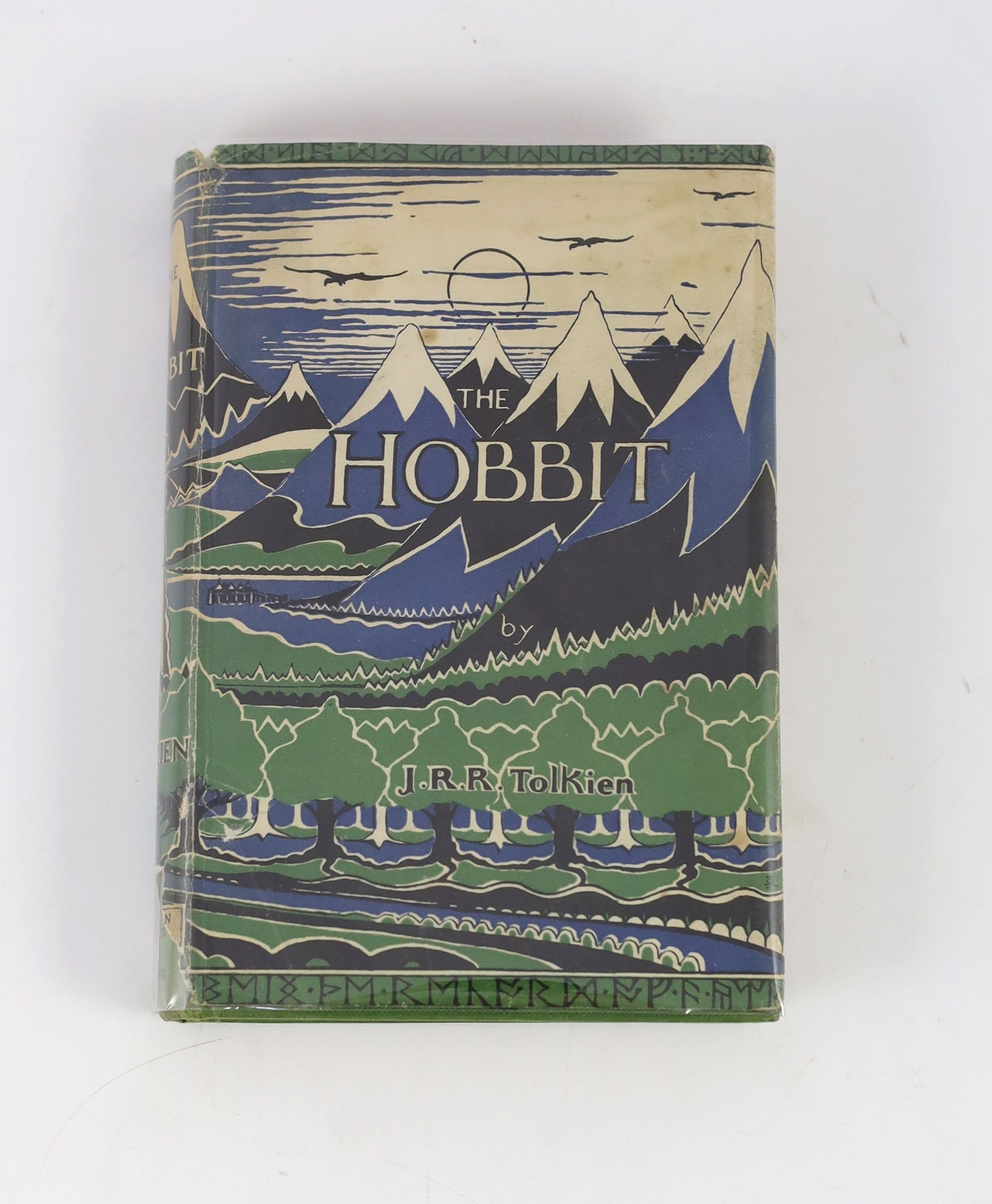 Tolkien, John Ronald Reuel - The Hobbit, 2nd edition, 9th impression, with colour frontispiece, map endpapers, original green cloth in unclipped d/j, with loss to foot of spine, bookplate to half title, covering an earli